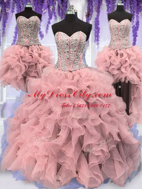Four Piece Pink Organza Lace Up Sweet 16 Dresses Sleeveless Floor Length Ruffles and Sequins