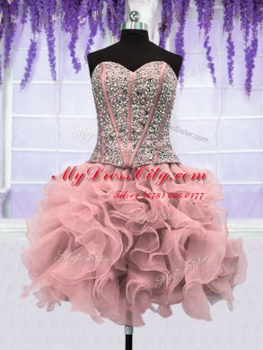 Four Piece Pink Organza Lace Up Sweet 16 Dresses Sleeveless Floor Length Ruffles and Sequins