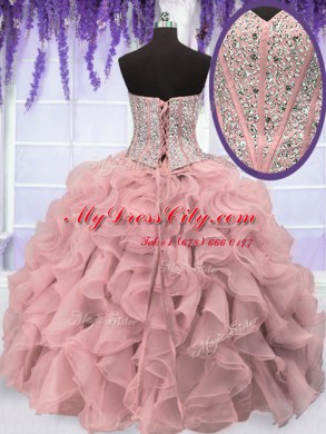 Four Piece Pink Organza Lace Up Sweet 16 Dresses Sleeveless Floor Length Ruffles and Sequins