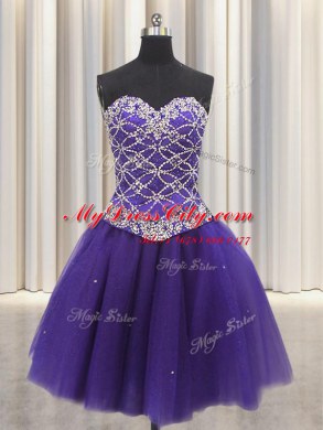 Comfortable Three Piece Sleeveless Tulle Floor Length Lace Up Quinceanera Dresses in Purple with Beading and Sequins