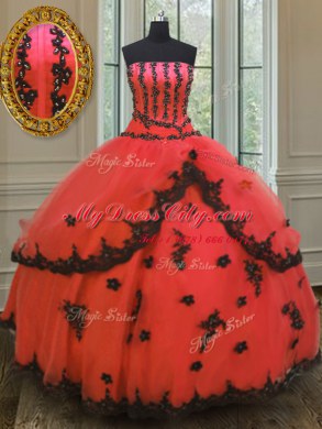 Amazing Sleeveless Floor Length Appliques Lace Up Quinceanera Gown with Red