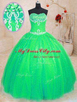Glittering Sweetheart Sleeveless Lace Up Quinceanera Gown Green Tulle and Sequined