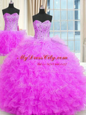 Ideal Three Piece Lilac Lace Up Strapless Beading and Ruffles Quinceanera Gown Tulle Sleeveless