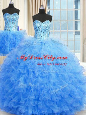 Three Piece Strapless Sleeveless Tulle Quinceanera Dress Beading and Ruffles Lace Up