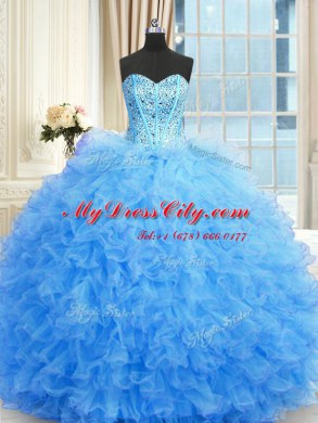 Three Piece Strapless Sleeveless Tulle Quinceanera Dress Beading and Ruffles Lace Up