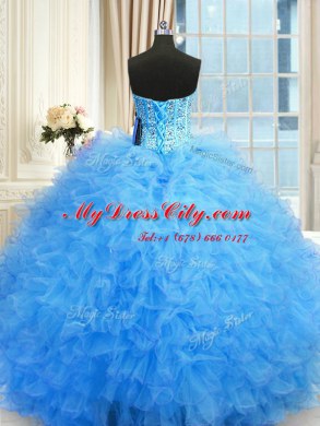 Three Piece Strapless Sleeveless Tulle Quinceanera Dress Beading and Ruffles Lace Up