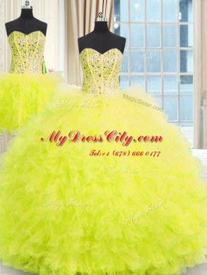 Fashionable Three Piece Strapless Sleeveless Lace Up Vestidos de Quinceanera Yellow Tulle