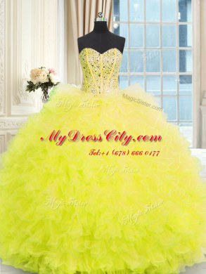 Fashionable Three Piece Strapless Sleeveless Lace Up Vestidos de Quinceanera Yellow Tulle