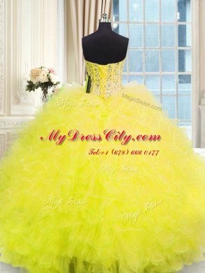 Fashionable Three Piece Strapless Sleeveless Lace Up Vestidos de Quinceanera Yellow Tulle