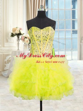 Fashionable Three Piece Strapless Sleeveless Lace Up Vestidos de Quinceanera Yellow Tulle