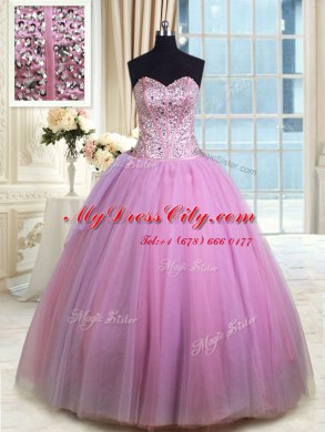 Three Piece Lilac Lace Up Ball Gown Prom Dress Beading Sleeveless Floor Length