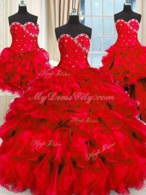 Four Piece Floor Length Red Quinceanera Dress Sweetheart Sleeveless Lace Up