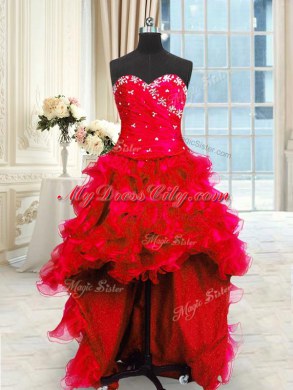 Four Piece Floor Length Red Quinceanera Dress Sweetheart Sleeveless Lace Up