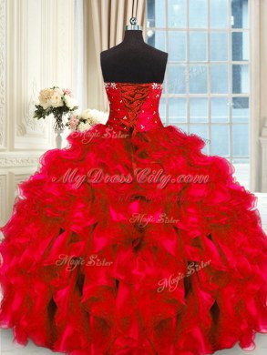 Four Piece Floor Length Red Quinceanera Dress Sweetheart Sleeveless Lace Up