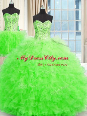 Three Piece Ball Gowns Tulle Strapless Sleeveless Beading and Ruffles Floor Length Lace Up Sweet 16 Quinceanera Dress