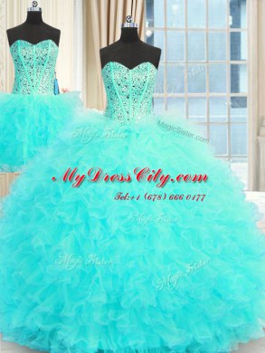 Pretty Three Piece Aqua Blue Sleeveless Beading and Ruffles Floor Length Sweet 16 Quinceanera Dress