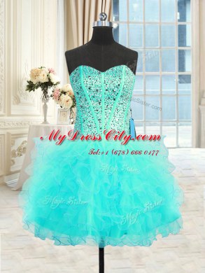 Pretty Three Piece Aqua Blue Sleeveless Beading and Ruffles Floor Length Sweet 16 Quinceanera Dress