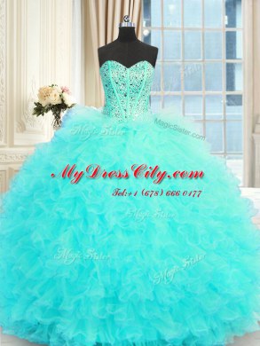 Pretty Three Piece Aqua Blue Sleeveless Beading and Ruffles Floor Length Sweet 16 Quinceanera Dress