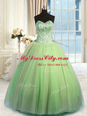 Custom Design Three Piece Yellow Green Sleeveless Tulle Lace Up Sweet 16 Dress for Military Ball and Sweet 16 and Quinceanera