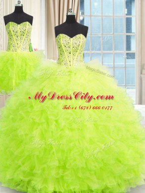 Three Piece Tulle Sleeveless Floor Length Sweet 16 Quinceanera Dress and Beading and Ruffles