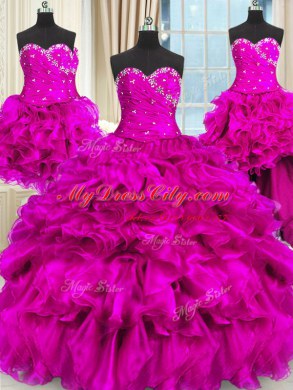 Most Popular Four Piece Fuchsia Sweetheart Lace Up Beading and Ruffles and Ruching Ball Gown Prom Dress Sleeveless