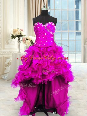 Most Popular Four Piece Fuchsia Sweetheart Lace Up Beading and Ruffles and Ruching Ball Gown Prom Dress Sleeveless