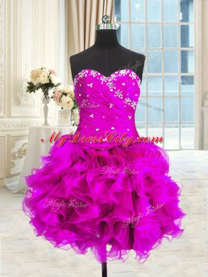Most Popular Four Piece Fuchsia Sweetheart Lace Up Beading and Ruffles and Ruching Ball Gown Prom Dress Sleeveless