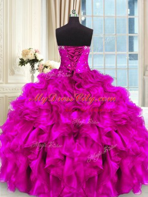 Most Popular Four Piece Fuchsia Sweetheart Lace Up Beading and Ruffles and Ruching Ball Gown Prom Dress Sleeveless