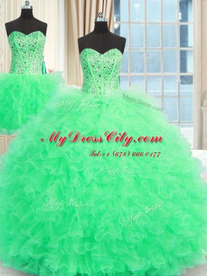 Pretty Three Piece Apple Green Lace Up Strapless Beading and Ruffles Quinceanera Dress Tulle Sleeveless