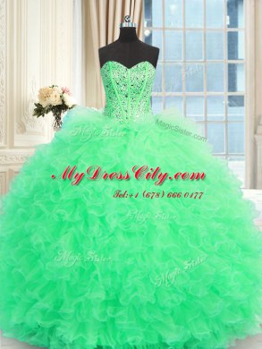 Pretty Three Piece Apple Green Lace Up Strapless Beading and Ruffles Quinceanera Dress Tulle Sleeveless