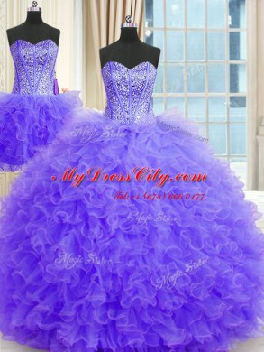 Traditional Three Piece Lavender Sweet 16 Quinceanera Dress Military Ball and Sweet 16 and Quinceanera and For with Beading and Ruffles Strapless Sleeveless Lace Up