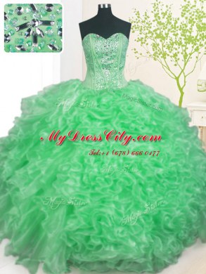 Admirable Apple Green Ball Gowns Organza Sweetheart Sleeveless Beading and Ruffles and Pick Ups Floor Length Lace Up Quince Ball Gowns