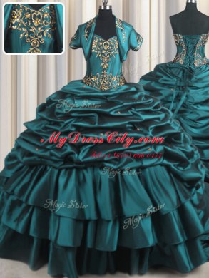 Admirable With Train Teal Quinceanera Gown Taffeta Brush Train Sleeveless Beading and Appliques and Pick Ups