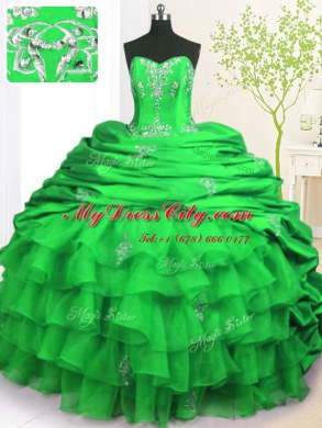 Affordable Pick Ups Ruffled With Train Green Vestidos de Quinceanera Strapless Sleeveless Brush Train Lace Up