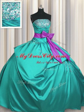 Attractive Turquoise Taffeta Lace Up Strapless Sleeveless Floor Length Ball Gown Prom Dress Beading and Ruching and Bowknot