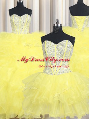 Pretty Three Piece Floor Length Ball Gowns Sleeveless Yellow Sweet 16 Dresses Lace Up
