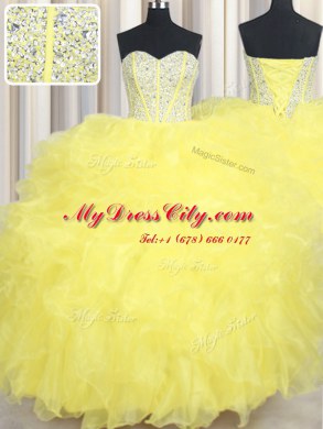 Pretty Three Piece Floor Length Ball Gowns Sleeveless Yellow Sweet 16 Dresses Lace Up