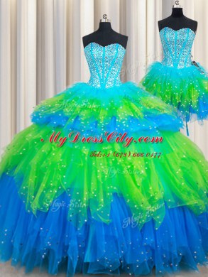 Customized Three Piece Sleeveless Lace Up Floor Length Beading and Ruffled Layers Quinceanera Gown