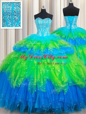 Customized Three Piece Sleeveless Lace Up Floor Length Beading and Ruffled Layers Quinceanera Gown