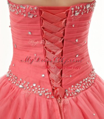 Best Selling Watermelon Red Tulle Lace Up Sweetheart Sleeveless Floor Length Sweet 16 Quinceanera Dress Beading and Ruching