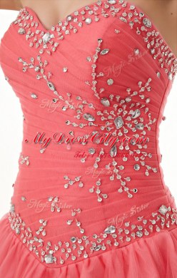 Best Selling Watermelon Red Tulle Lace Up Sweetheart Sleeveless Floor Length Sweet 16 Quinceanera Dress Beading and Ruching