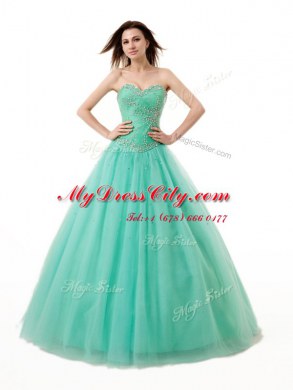 Beauteous Turquoise A-line Chiffon Sweetheart Sleeveless Beading and Ruching Floor Length Lace Up 15th Birthday Dress