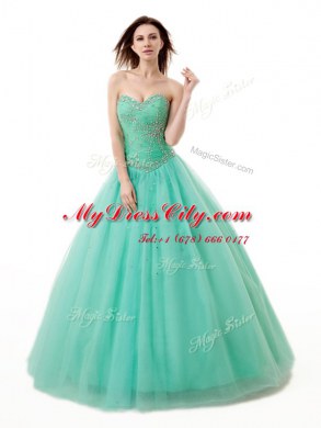 Beauteous Turquoise A-line Chiffon Sweetheart Sleeveless Beading and Ruching Floor Length Lace Up 15th Birthday Dress