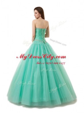Beauteous Turquoise A-line Chiffon Sweetheart Sleeveless Beading and Ruching Floor Length Lace Up 15th Birthday Dress