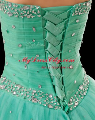 Beauteous Turquoise A-line Chiffon Sweetheart Sleeveless Beading and Ruching Floor Length Lace Up 15th Birthday Dress