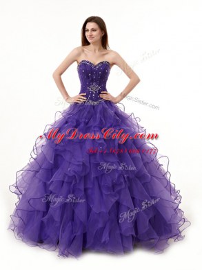 Dynamic Purple Lace Up Quinceanera Gowns Beading and Ruffles Sleeveless Floor Length