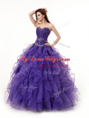 Dynamic Purple Lace Up Quinceanera Gowns Beading and Ruffles Sleeveless Floor Length