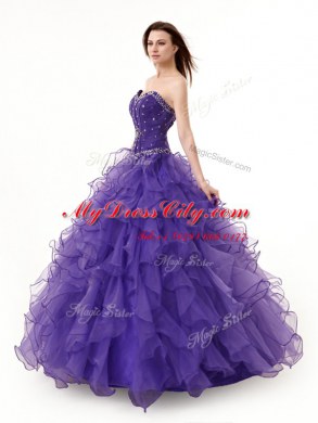 Dynamic Purple Lace Up Quinceanera Gowns Beading and Ruffles Sleeveless Floor Length