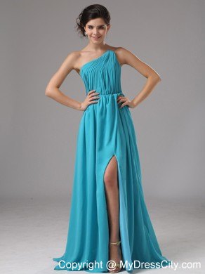 Auqa Blue Single Shoulder Ruching High Slit Dress for Prom