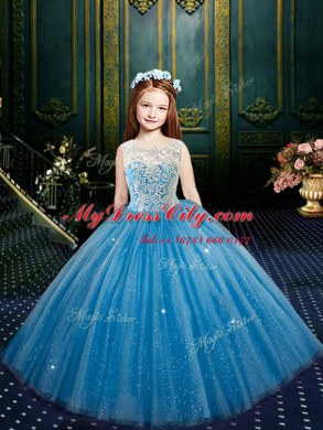 Scoop Floor Length Clasp Handle Little Girls Pageant Dress Blue for Party and Wedding Party with Appliques
